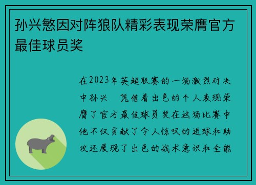 孙兴慜因对阵狼队精彩表现荣膺官方最佳球员奖